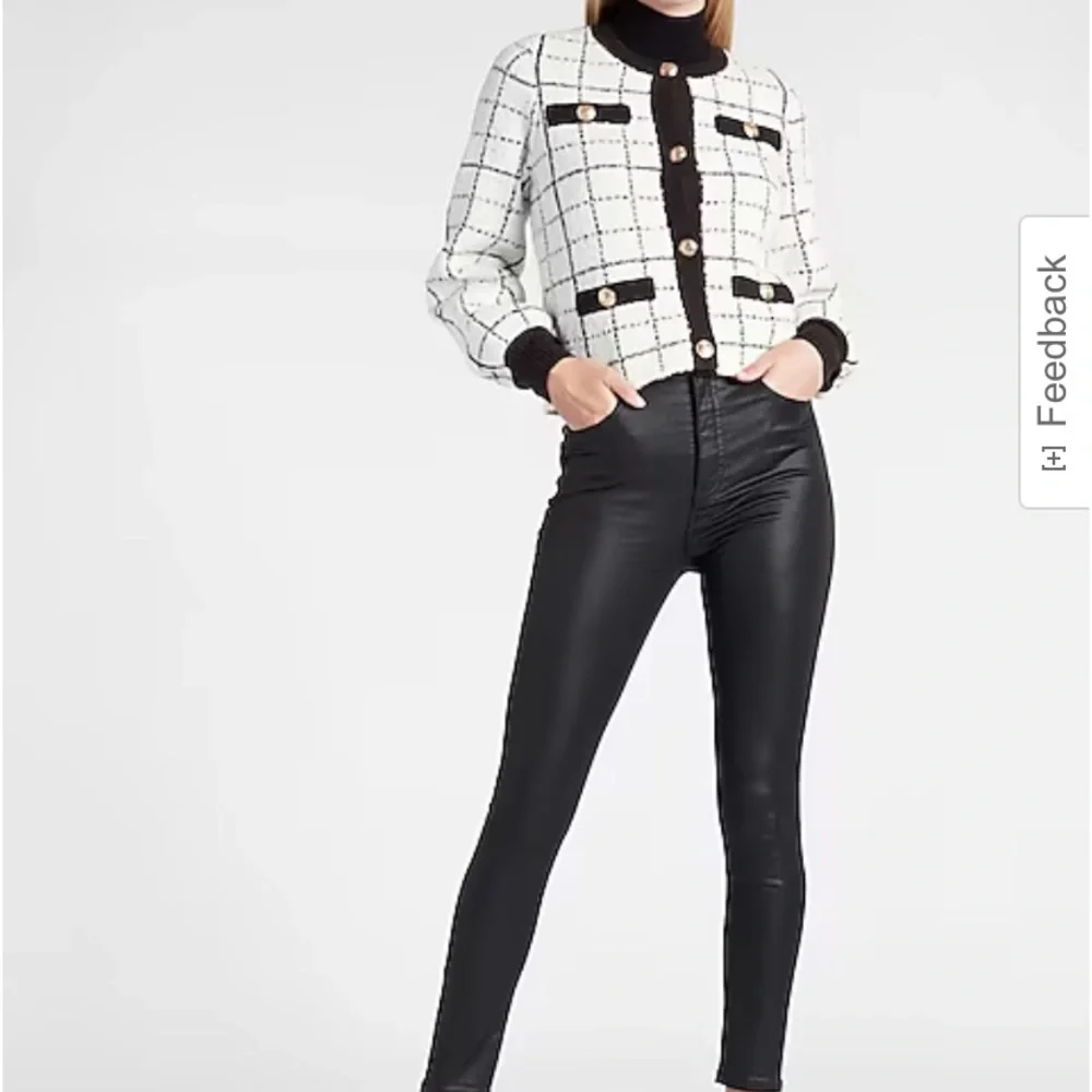 “Express” Chic plaid white/black sweater jacket with novelty buttons; XS; NWOT